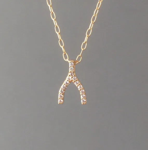 Tiny Wishbone Pave Crystal Necklace