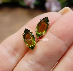 Transparent Olivine Vintage Swarovski Channel Cut 15x7mm Navette, 2 Pcs with Settings