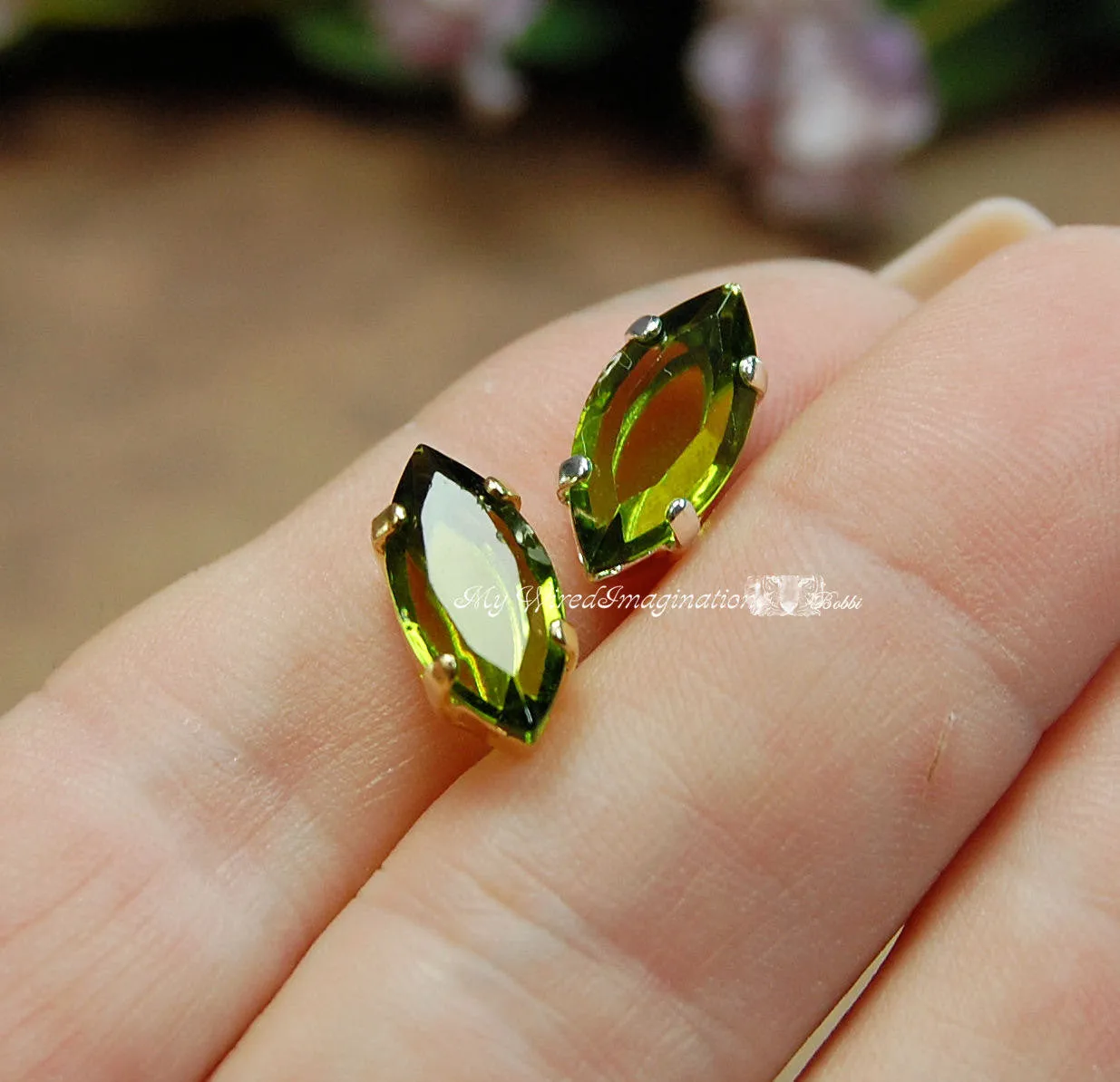 Transparent Olivine Vintage Swarovski Channel Cut 15x7mm Navette, 2 Pcs with Settings