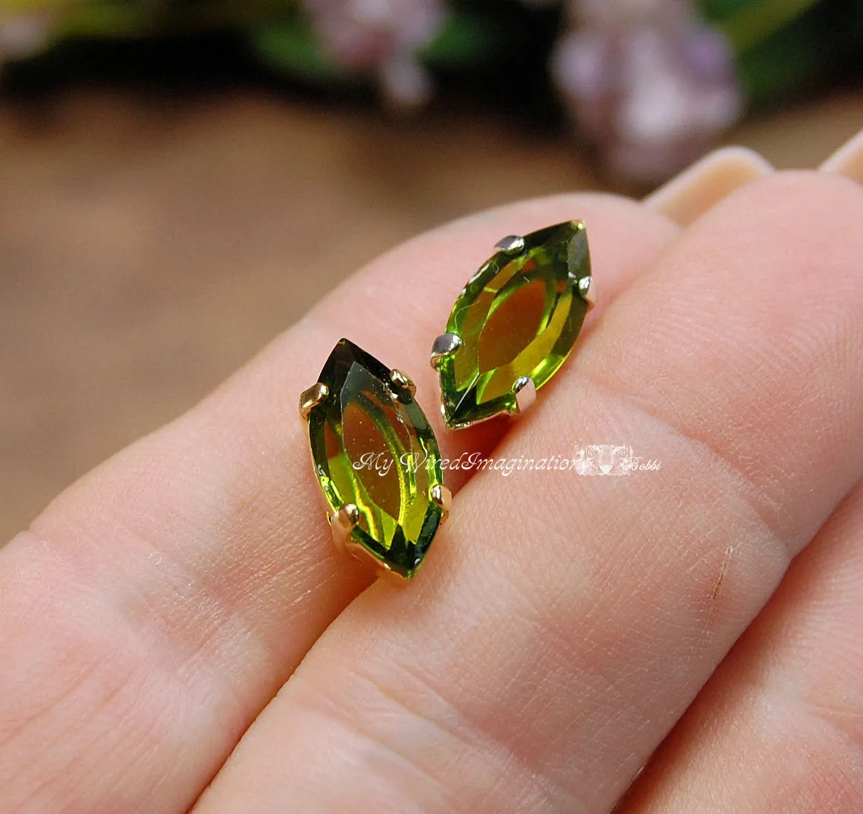 Transparent Olivine Vintage Swarovski Channel Cut 15x7mm Navette, 2 Pcs with Settings