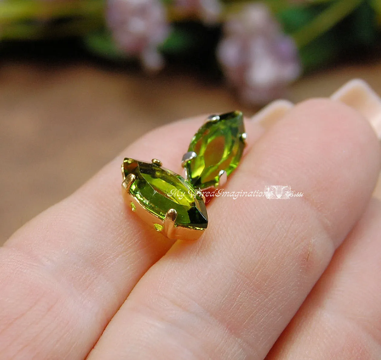 Transparent Olivine Vintage Swarovski Channel Cut 15x7mm Navette, 2 Pcs with Settings