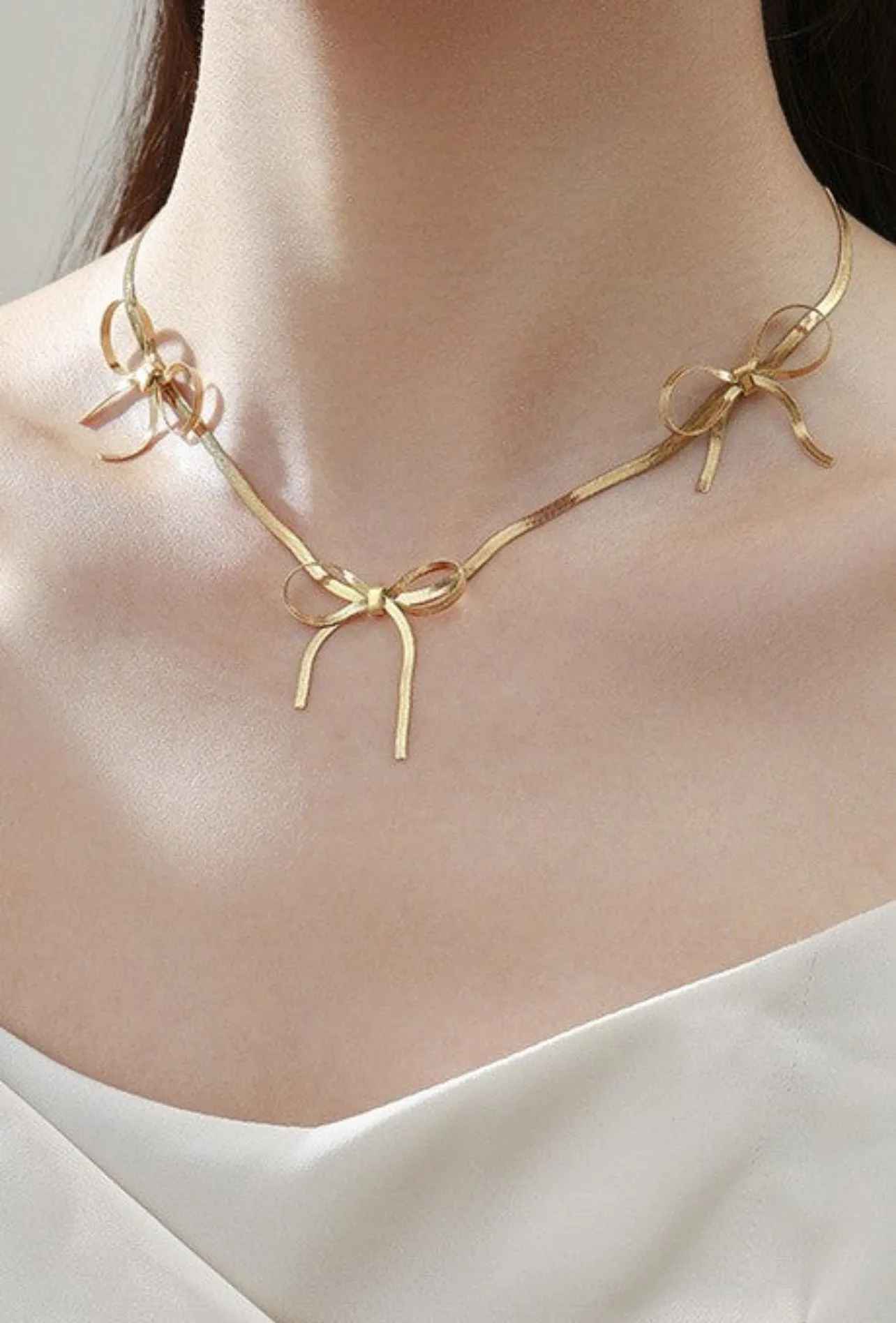 Triple Bow Drop Gold Necklace
