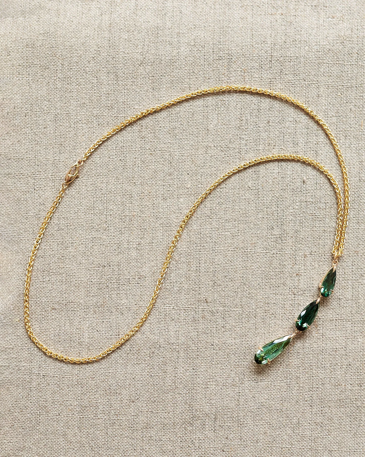 Triple green tourmaline, tear drop pendant