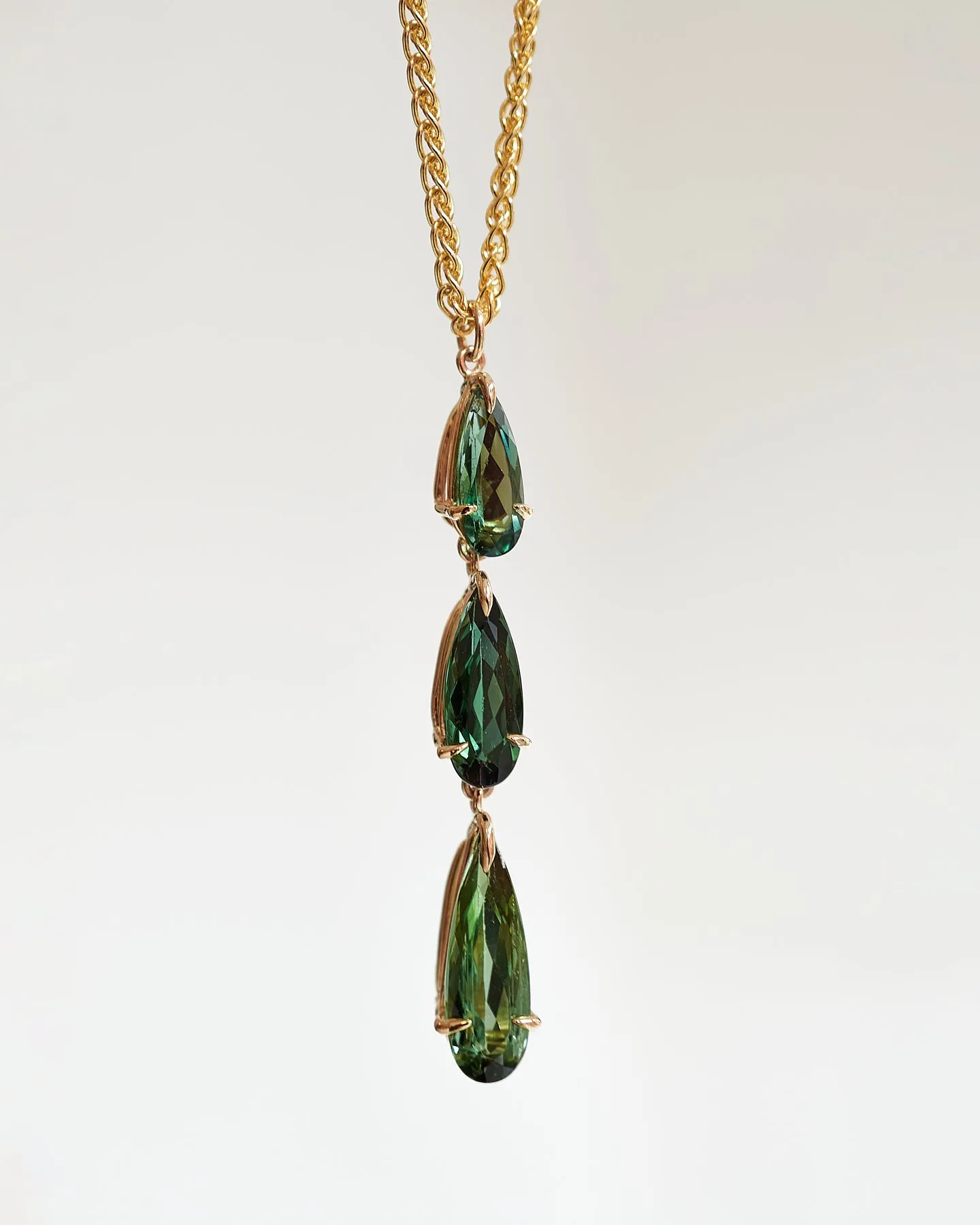 Triple green tourmaline, tear drop pendant