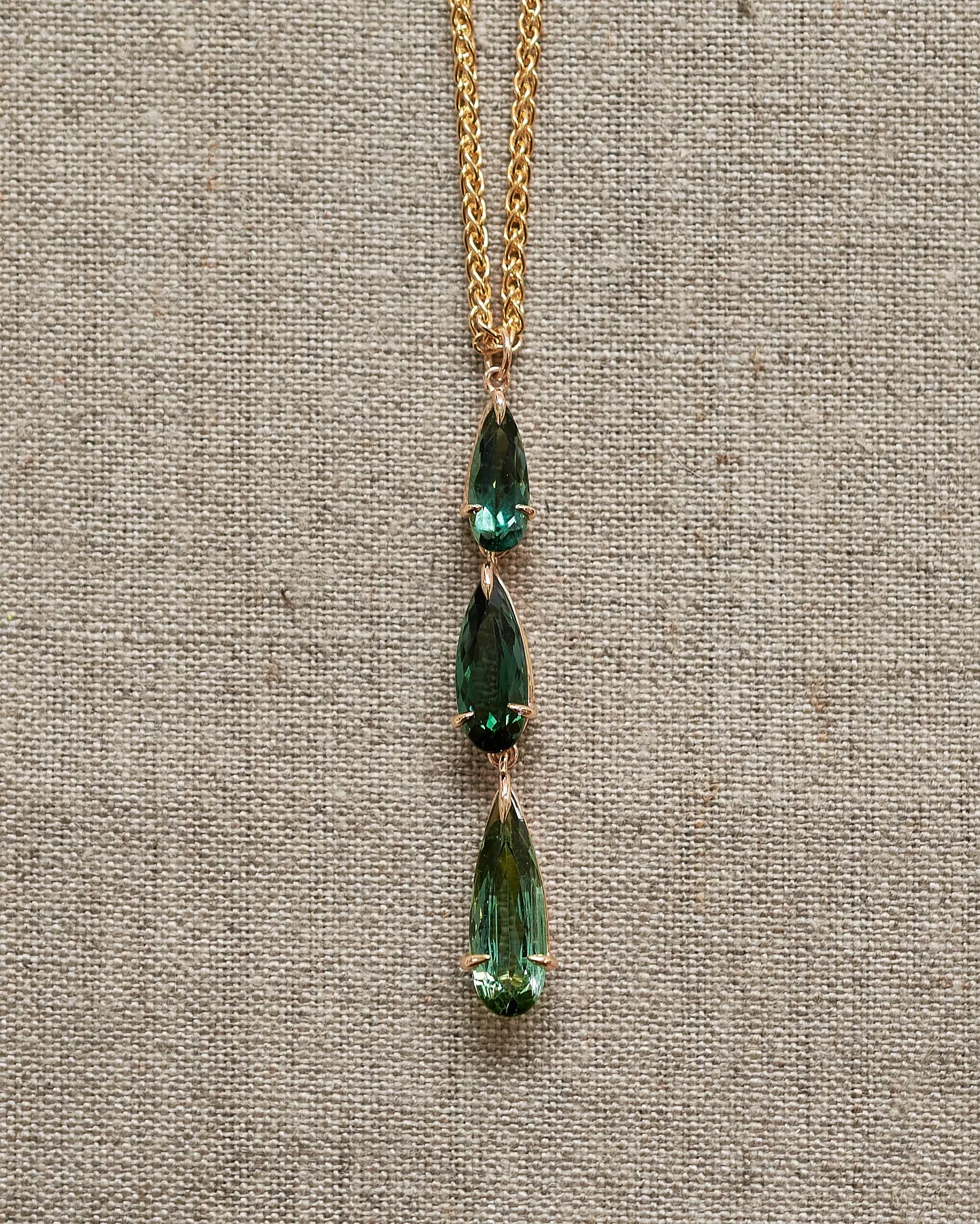Triple green tourmaline, tear drop pendant