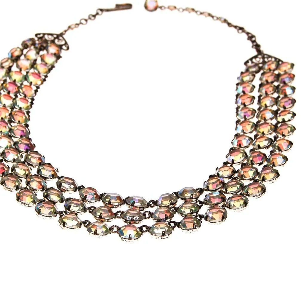 Triple Strand Aurora Borealis Bezel Set Crystal Beaded Necklace