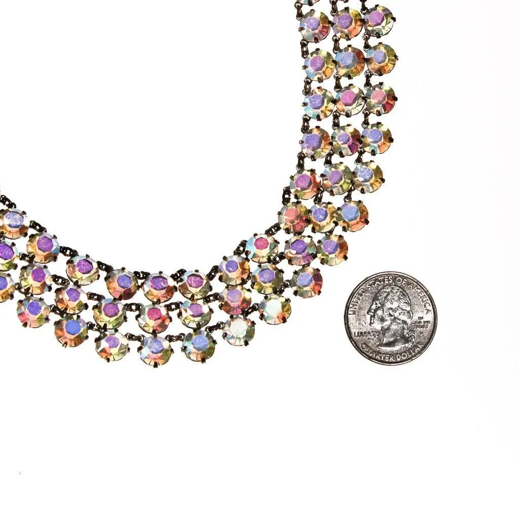 Triple Strand Aurora Borealis Bezel Set Crystal Beaded Necklace