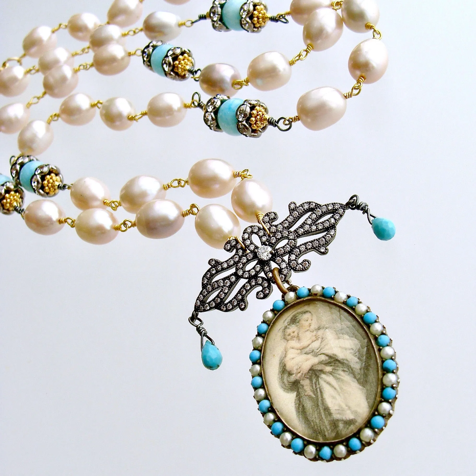 Turquoise Amazonite Pearls Madonna And Child Victorian Mourning Locket - Madonna And Child Necklace