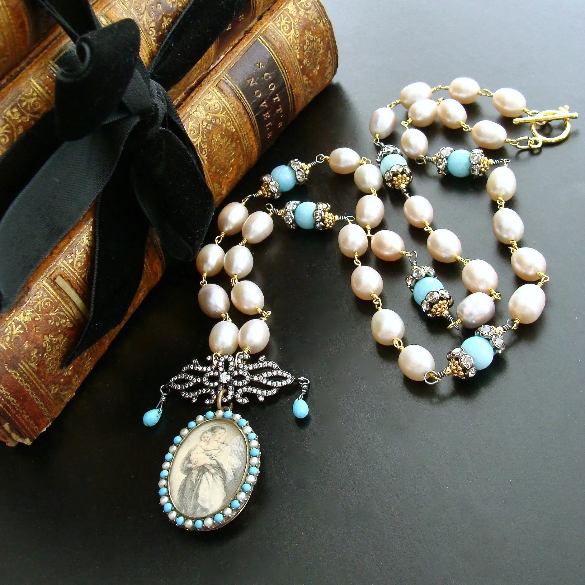 Turquoise Amazonite Pearls Madonna And Child Victorian Mourning Locket - Madonna And Child Necklace
