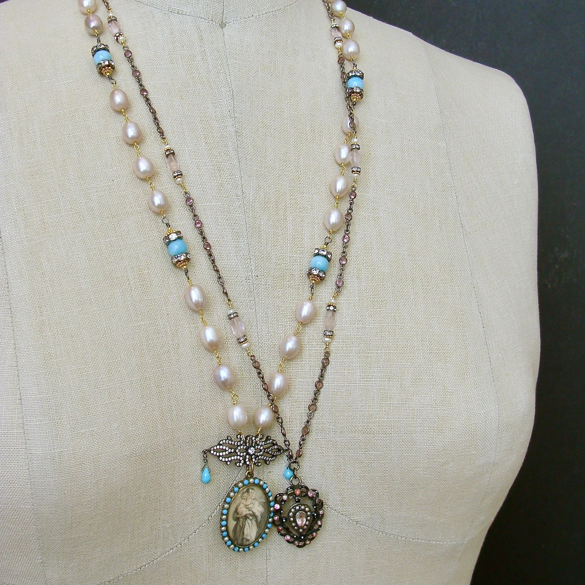 Turquoise Amazonite Pearls Madonna And Child Victorian Mourning Locket - Madonna And Child Necklace