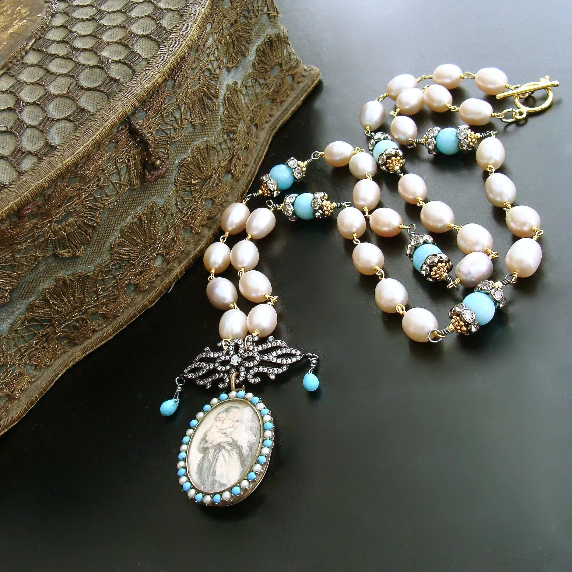 Turquoise Amazonite Pearls Madonna And Child Victorian Mourning Locket - Madonna And Child Necklace