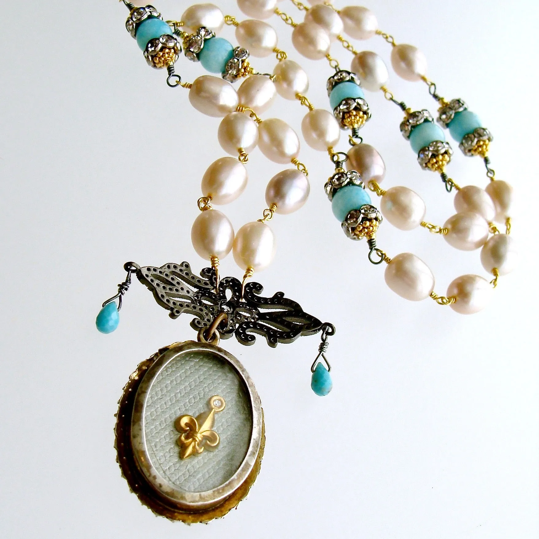 Turquoise Amazonite Pearls Madonna And Child Victorian Mourning Locket - Madonna And Child Necklace