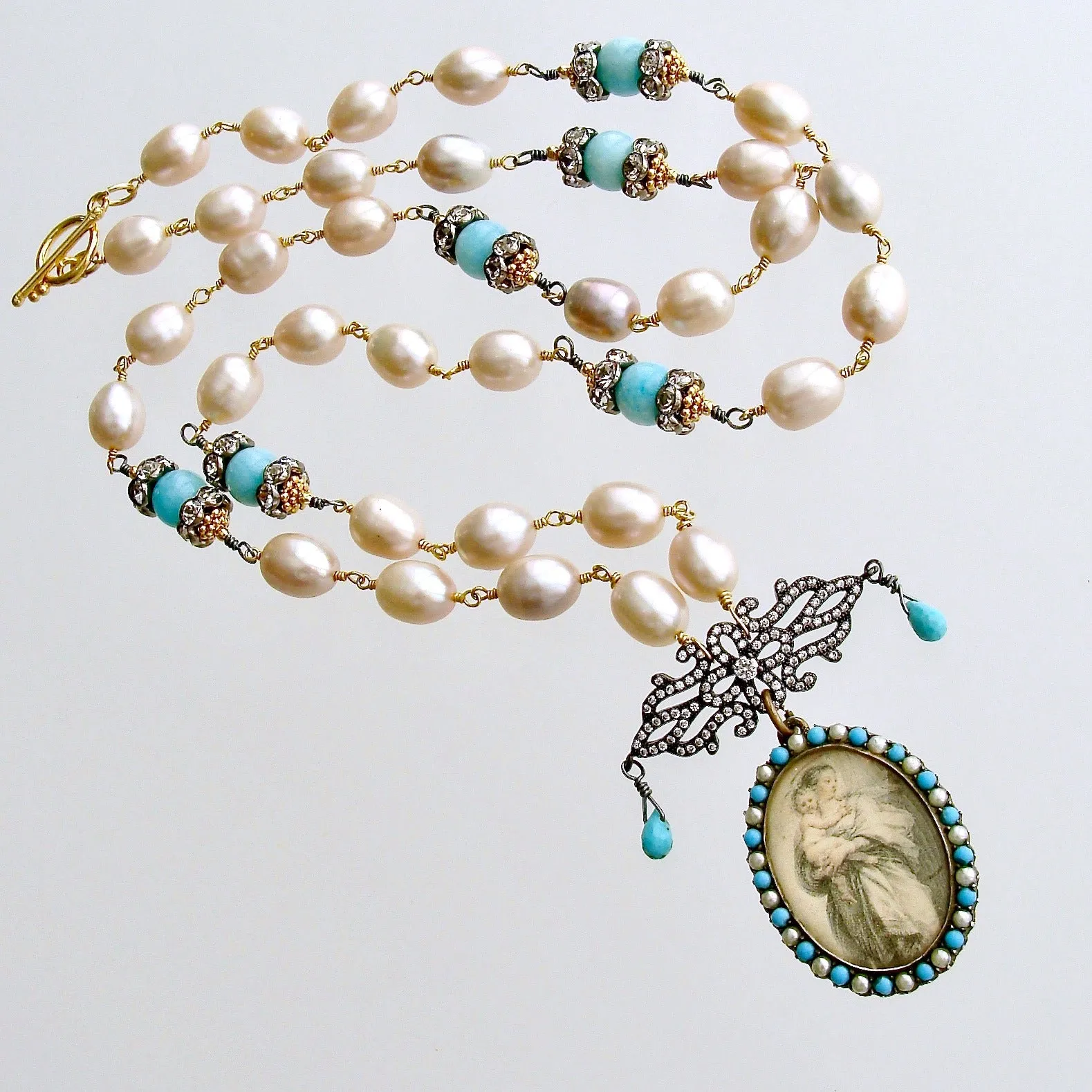 Turquoise Amazonite Pearls Madonna And Child Victorian Mourning Locket - Madonna And Child Necklace