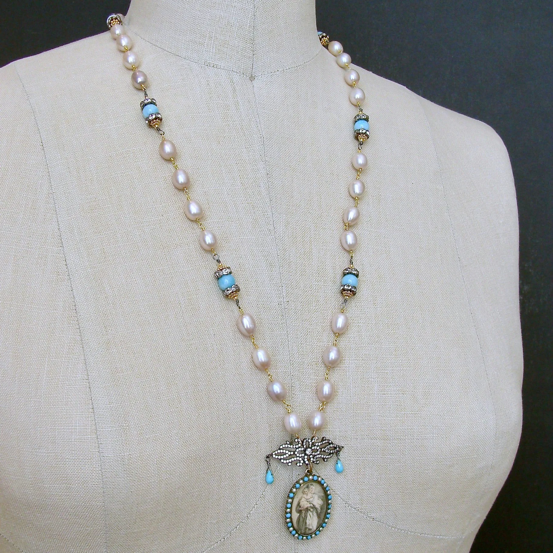 Turquoise Amazonite Pearls Madonna And Child Victorian Mourning Locket - Madonna And Child Necklace