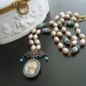 Turquoise Amazonite Pearls Madonna And Child Victorian Mourning Locket - Madonna And Child Necklace