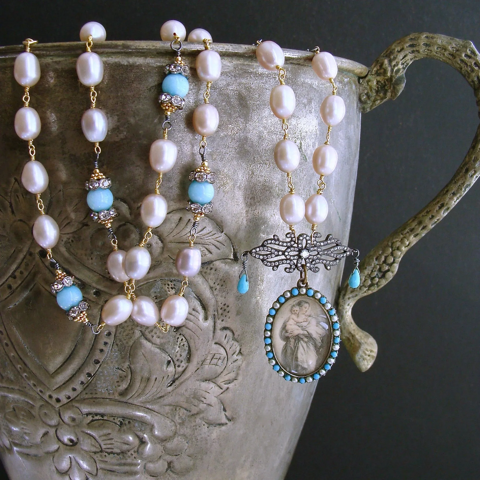 Turquoise Amazonite Pearls Madonna And Child Victorian Mourning Locket - Madonna And Child Necklace