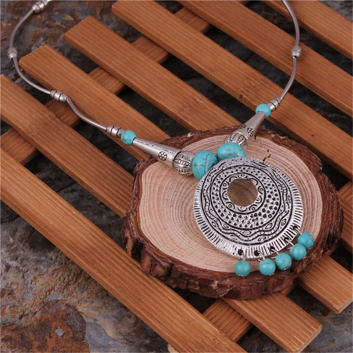 Turquoise & Silver-Plated Round Pendant Necklace
