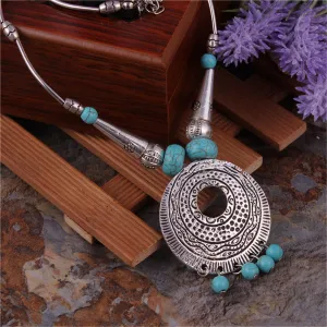 Turquoise & Silver-Plated Round Pendant Necklace