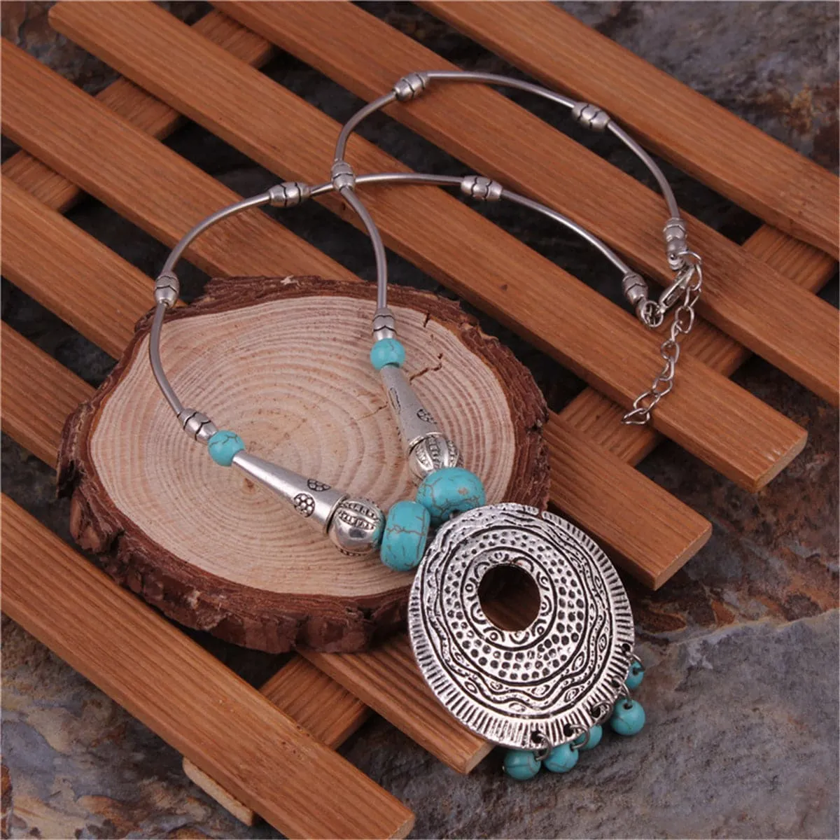 Turquoise & Silver-Plated Round Pendant Necklace