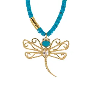 Turquoise Beaded Gold Spiritual Dragonfly Pendant Necklace