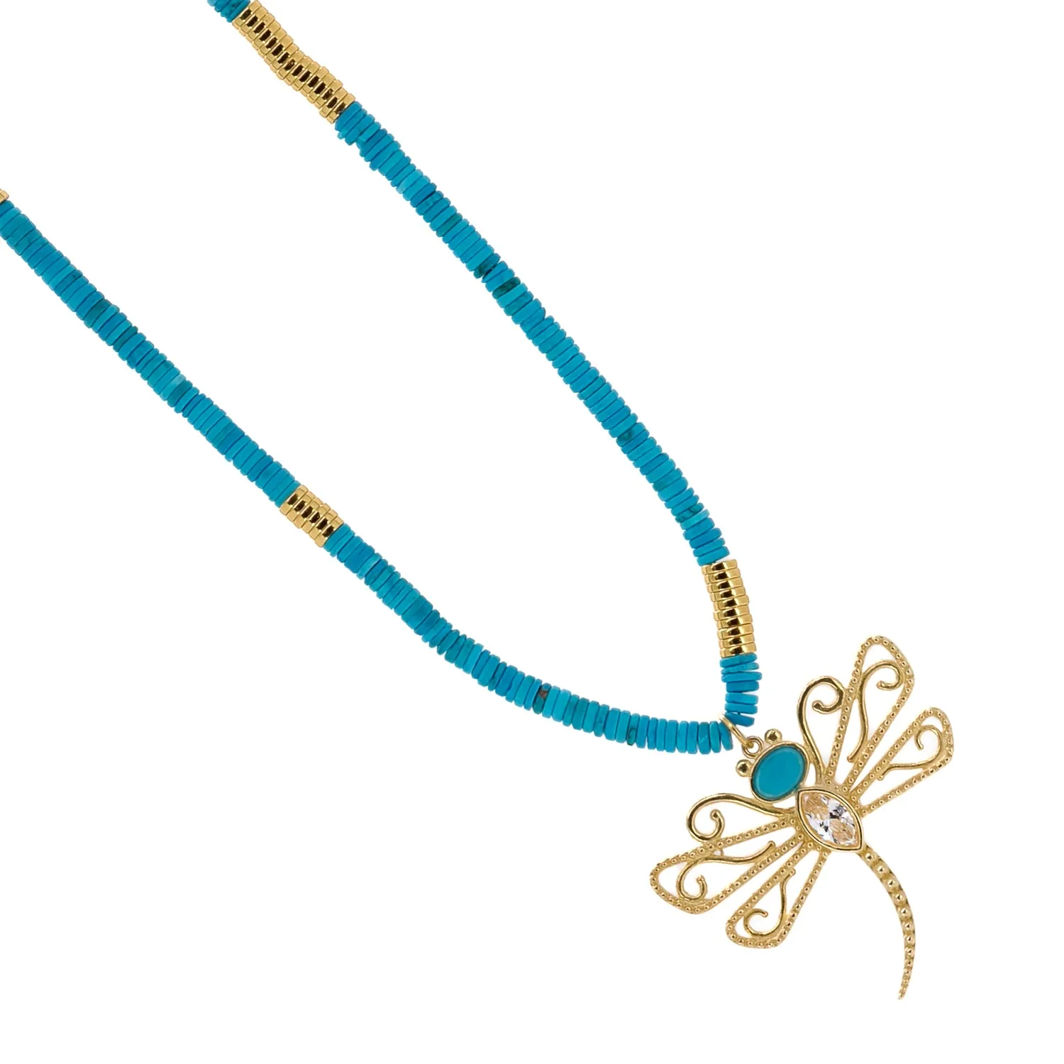 Turquoise Beaded Gold Spiritual Dragonfly Pendant Necklace