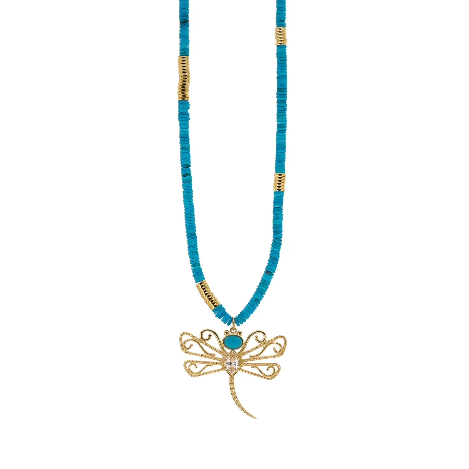 Turquoise Beaded Gold Spiritual Dragonfly Pendant Necklace