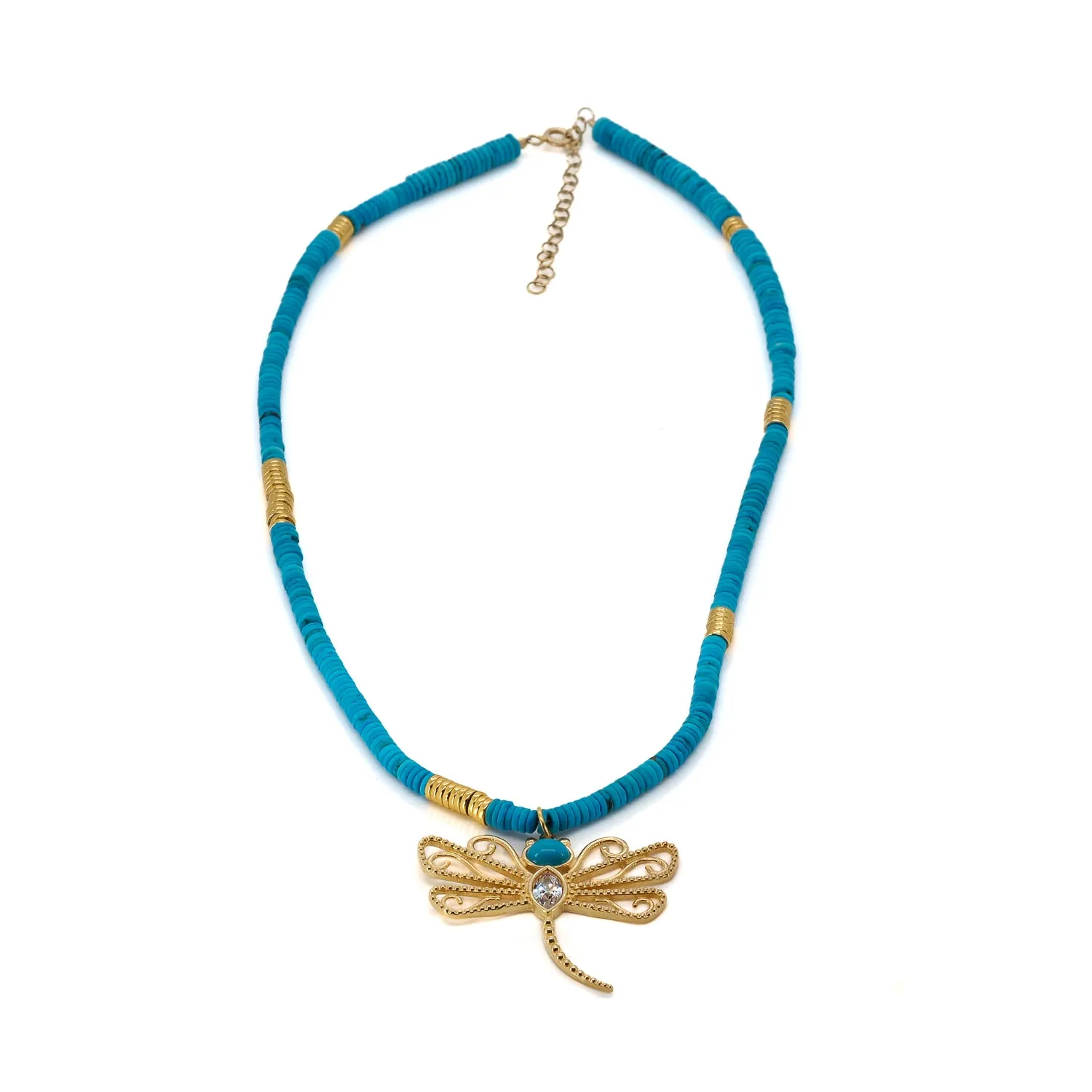 Turquoise Beaded Gold Spiritual Dragonfly Pendant Necklace