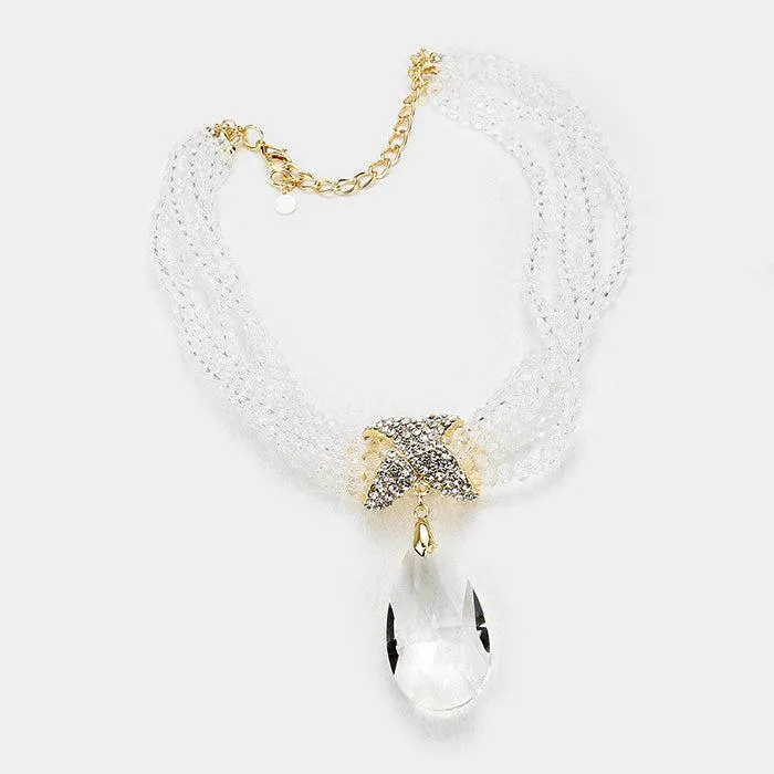 Twisted Beaded Clear Crystal Teardrop Ornate Gold Necklace Set