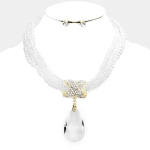 Twisted Beaded Clear Crystal Teardrop Ornate Gold Necklace Set