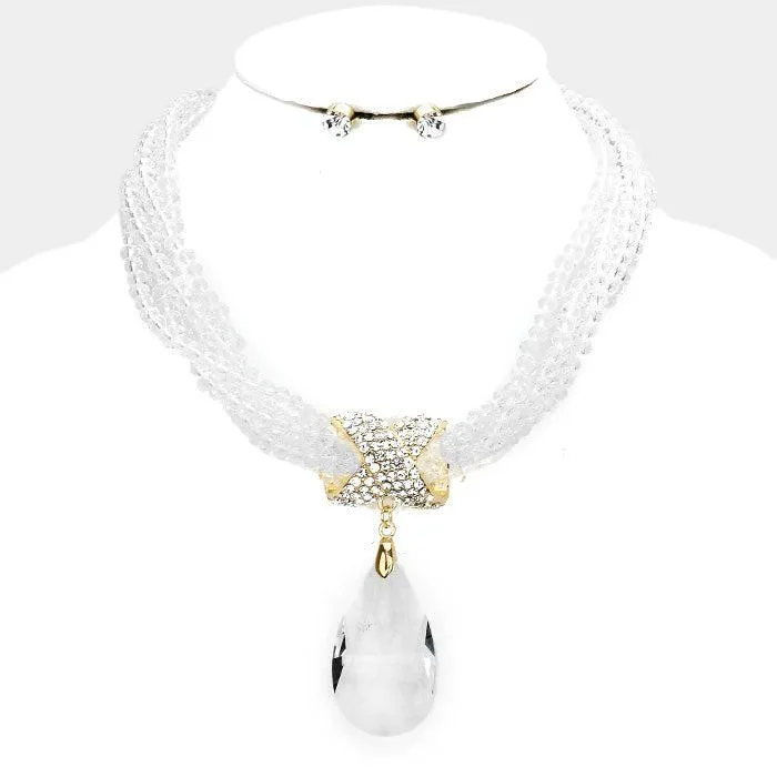 Twisted Beaded Clear Crystal Teardrop Ornate Gold Necklace Set