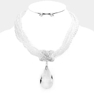 Twisted Beaded Clear Crystal Teardrop Silver Necklace Set