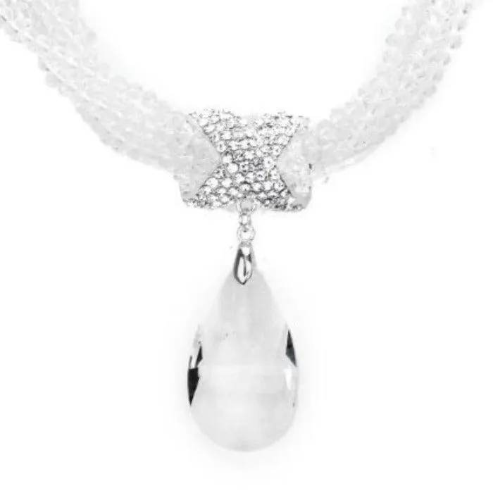 Twisted Beaded Clear Crystal Teardrop Silver Necklace Set
