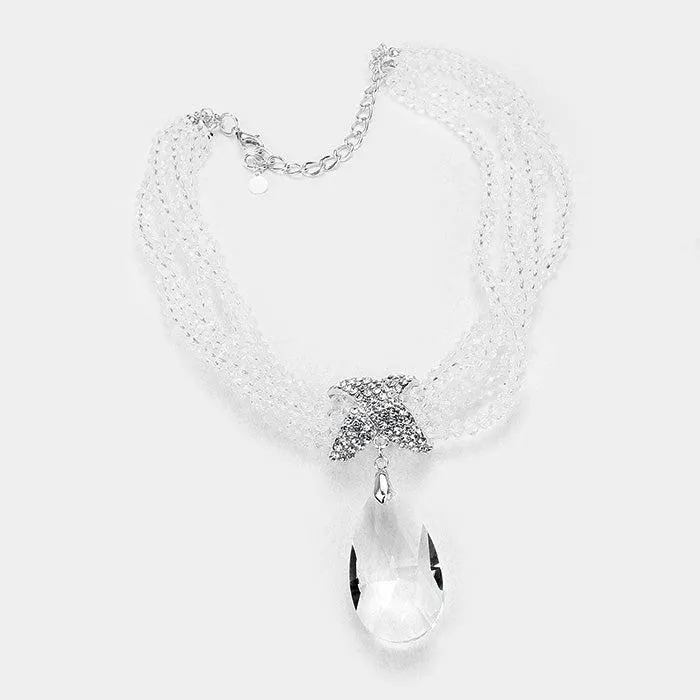 Twisted Beaded Clear Crystal Teardrop Silver Necklace Set
