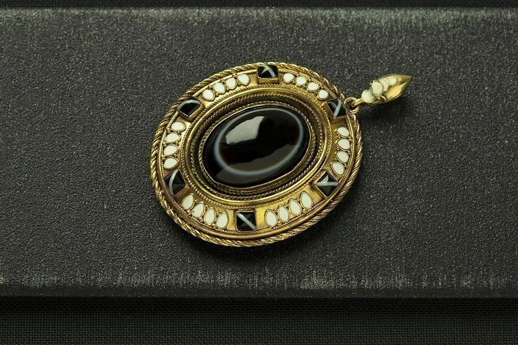 Victorian Banded Agate White Enamel Locket