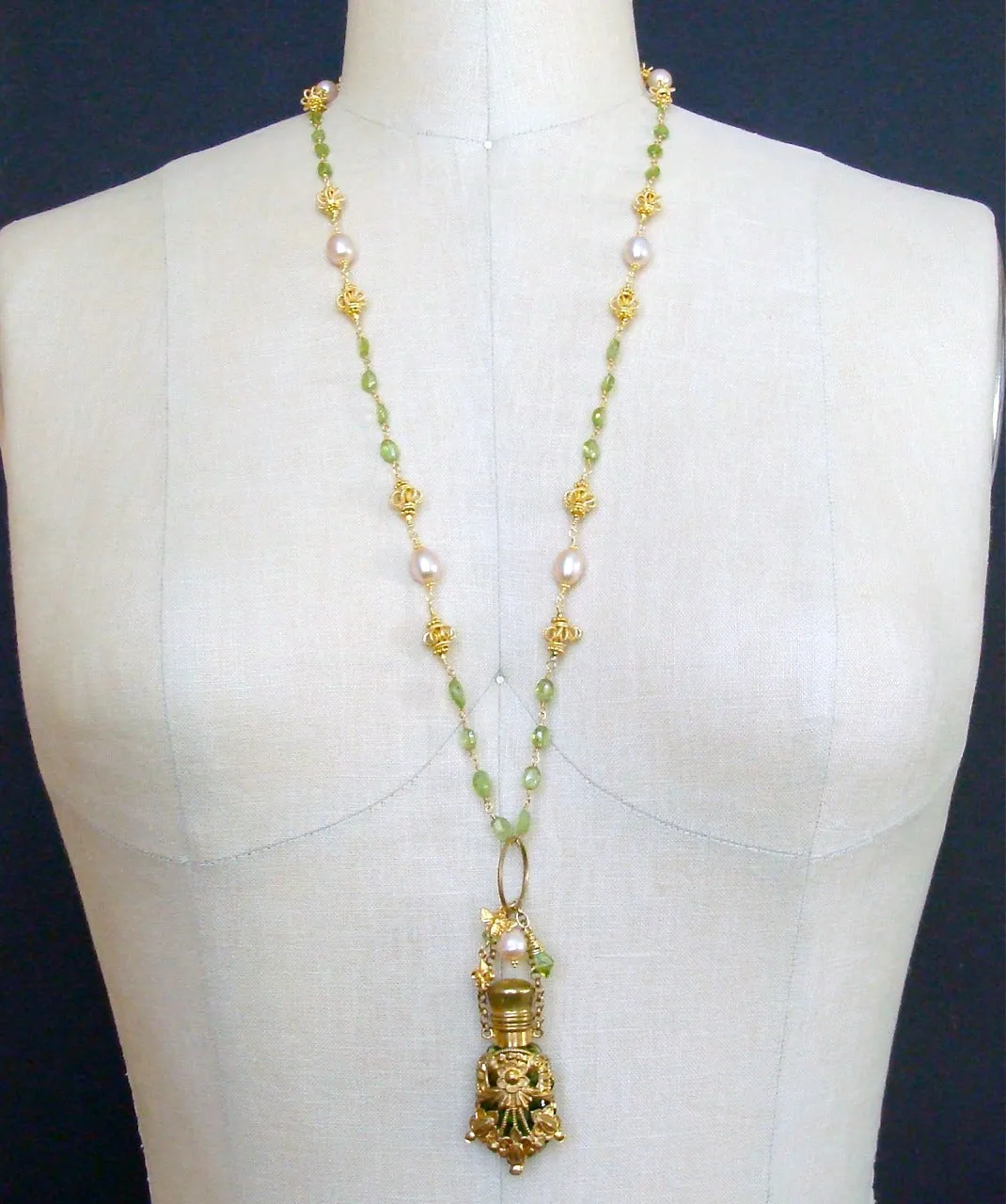 Victorian Chatelaine Scent Bottle Necklace Peridot Pink Pearls -  Juliana Necklace