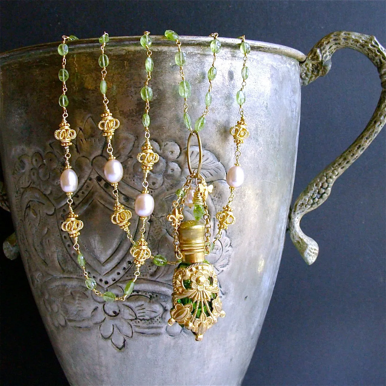 Victorian Chatelaine Scent Bottle Necklace Peridot Pink Pearls -  Juliana Necklace