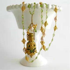 Victorian Chatelaine Scent Bottle Necklace Peridot Pink Pearls -  Juliana Necklace