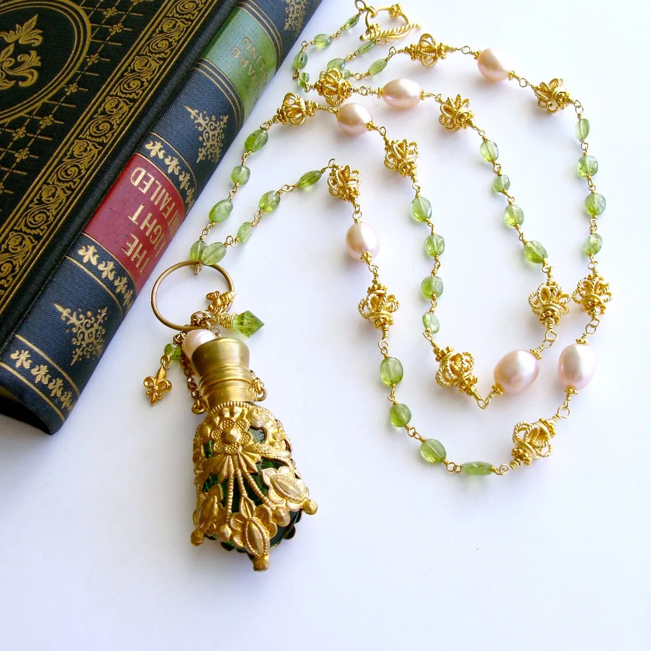 Victorian Chatelaine Scent Bottle Necklace Peridot Pink Pearls -  Juliana Necklace