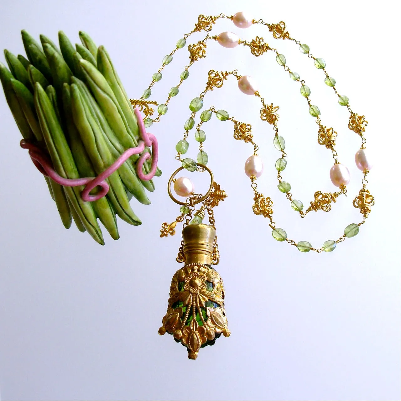 Victorian Chatelaine Scent Bottle Necklace Peridot Pink Pearls -  Juliana Necklace