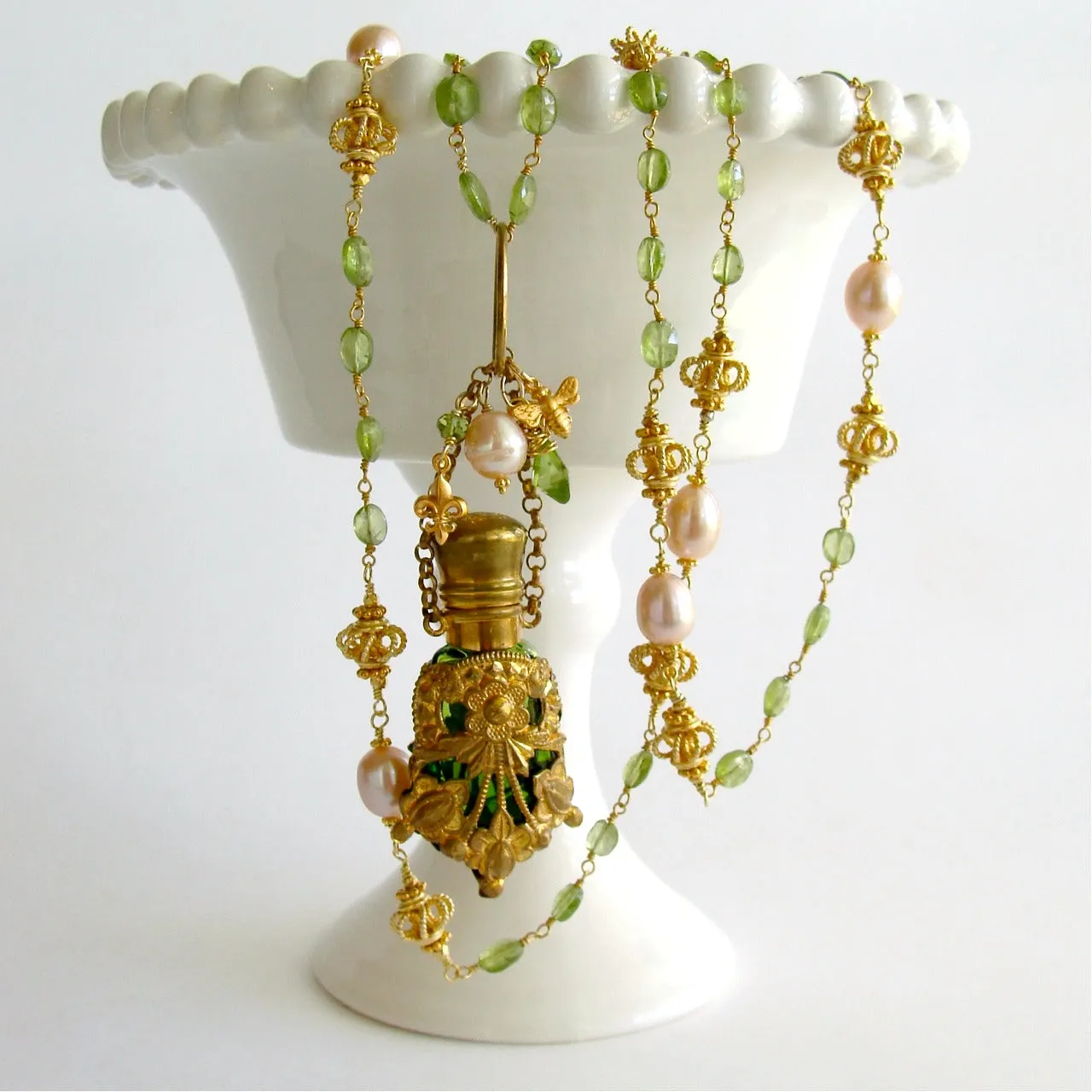 Victorian Chatelaine Scent Bottle Necklace Peridot Pink Pearls -  Juliana Necklace