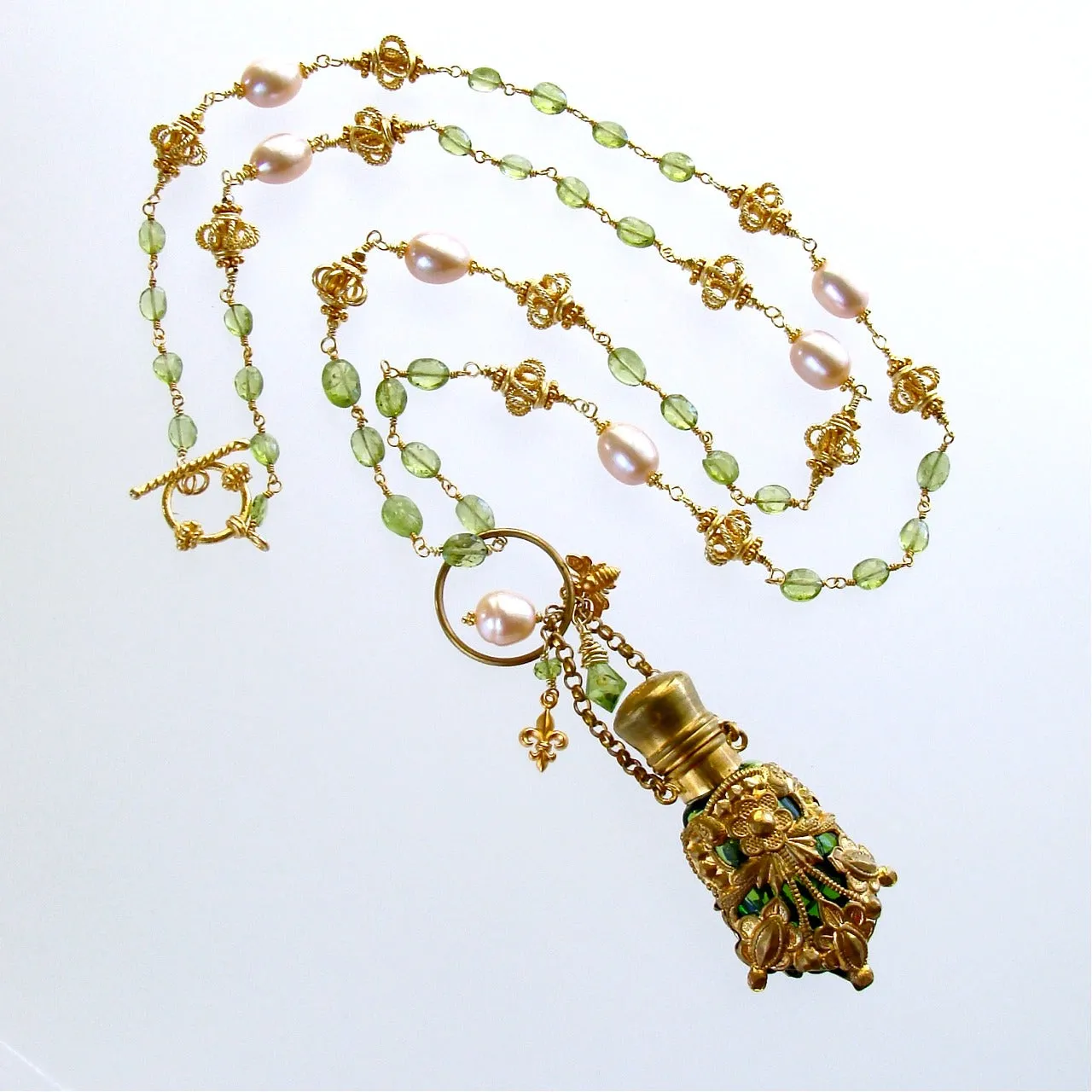 Victorian Chatelaine Scent Bottle Necklace Peridot Pink Pearls -  Juliana Necklace
