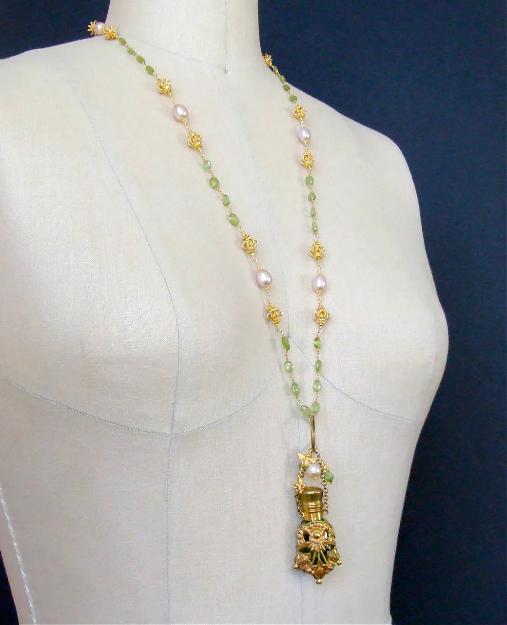 Victorian Chatelaine Scent Bottle Necklace Peridot Pink Pearls -  Juliana Necklace