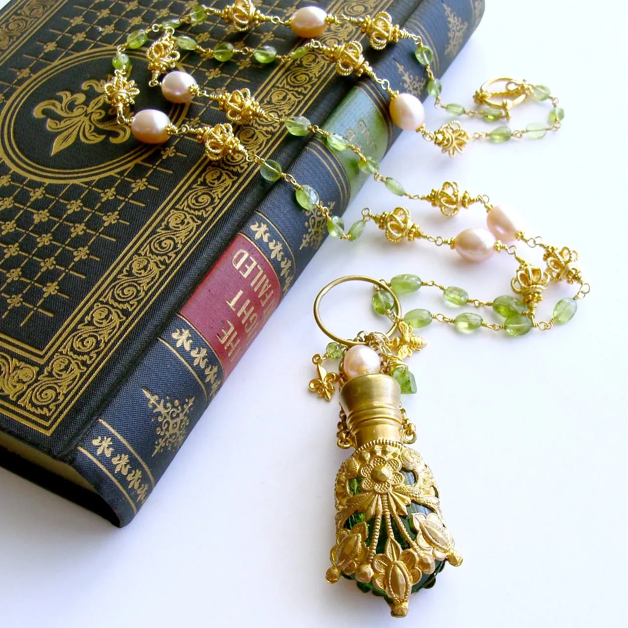 Victorian Chatelaine Scent Bottle Necklace Peridot Pink Pearls -  Juliana Necklace