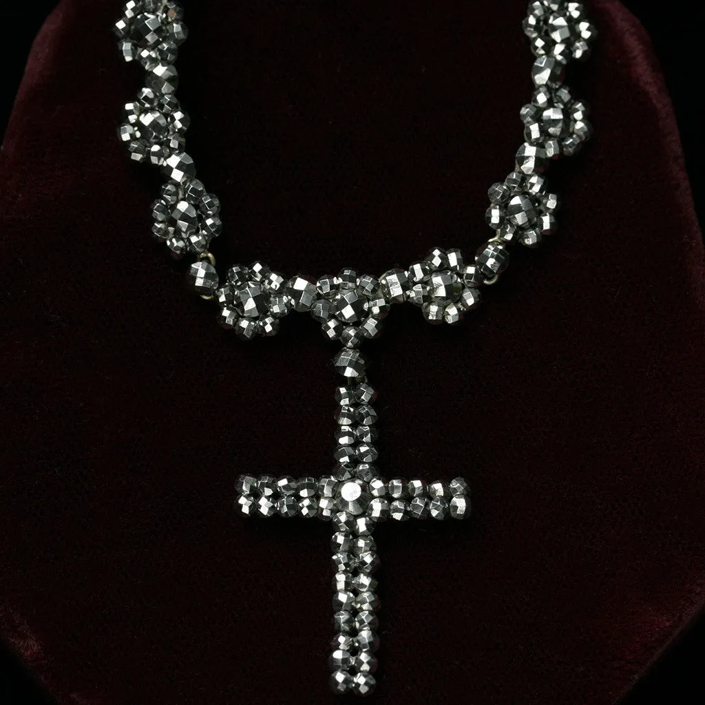 Victorian Cut Steel Necklace with Cross Pendant