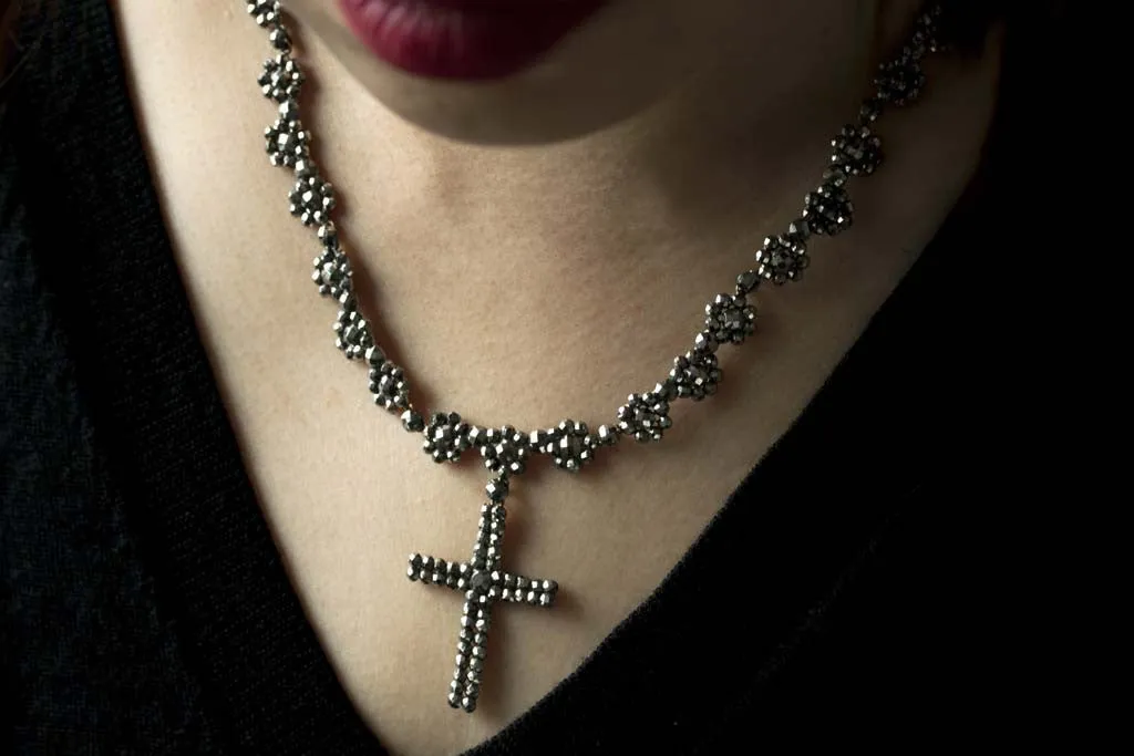Victorian Cut Steel Necklace with Cross Pendant