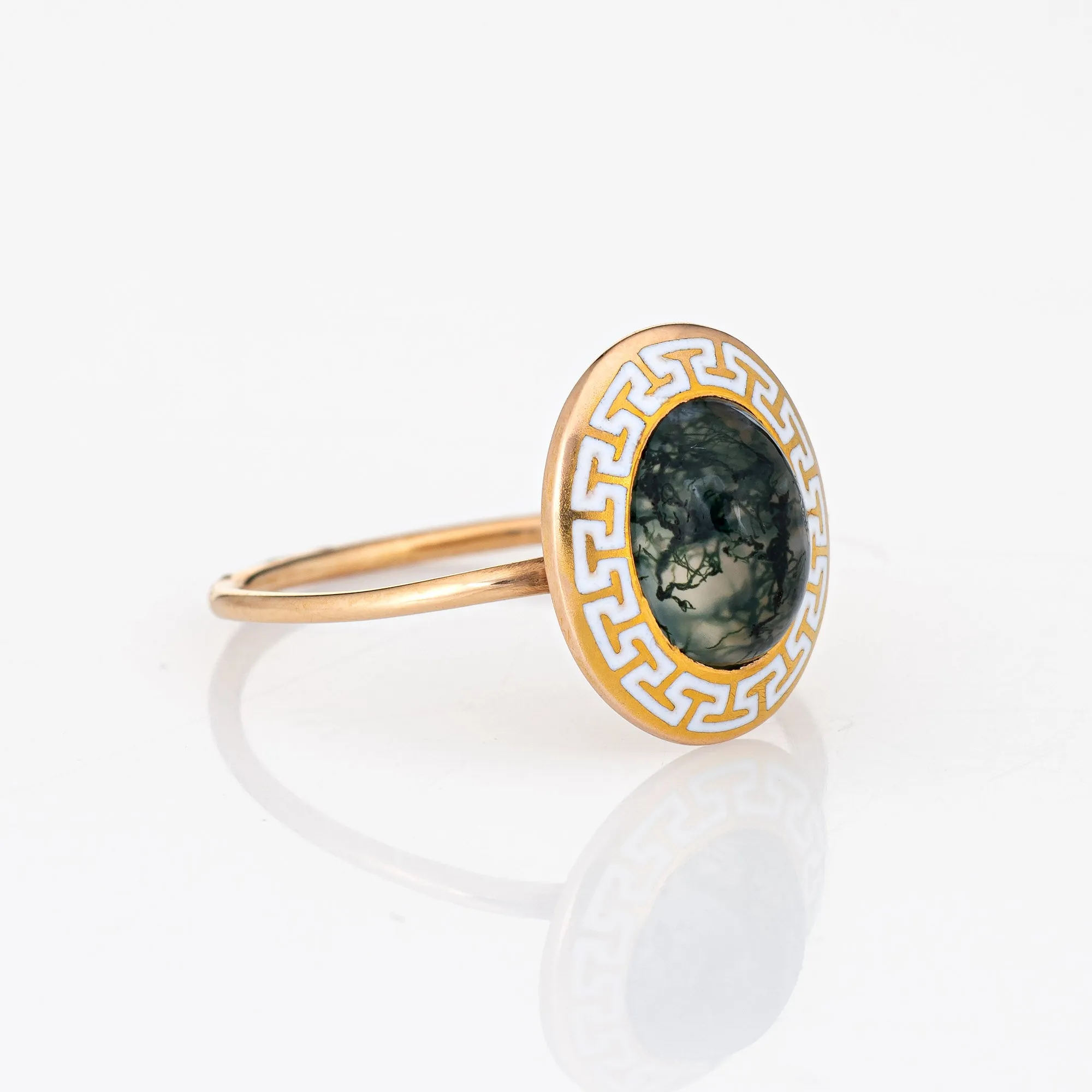 Vintage Art Deco Ring Moss Agate Greek Key Enamel Conversion Band Sz 6.5