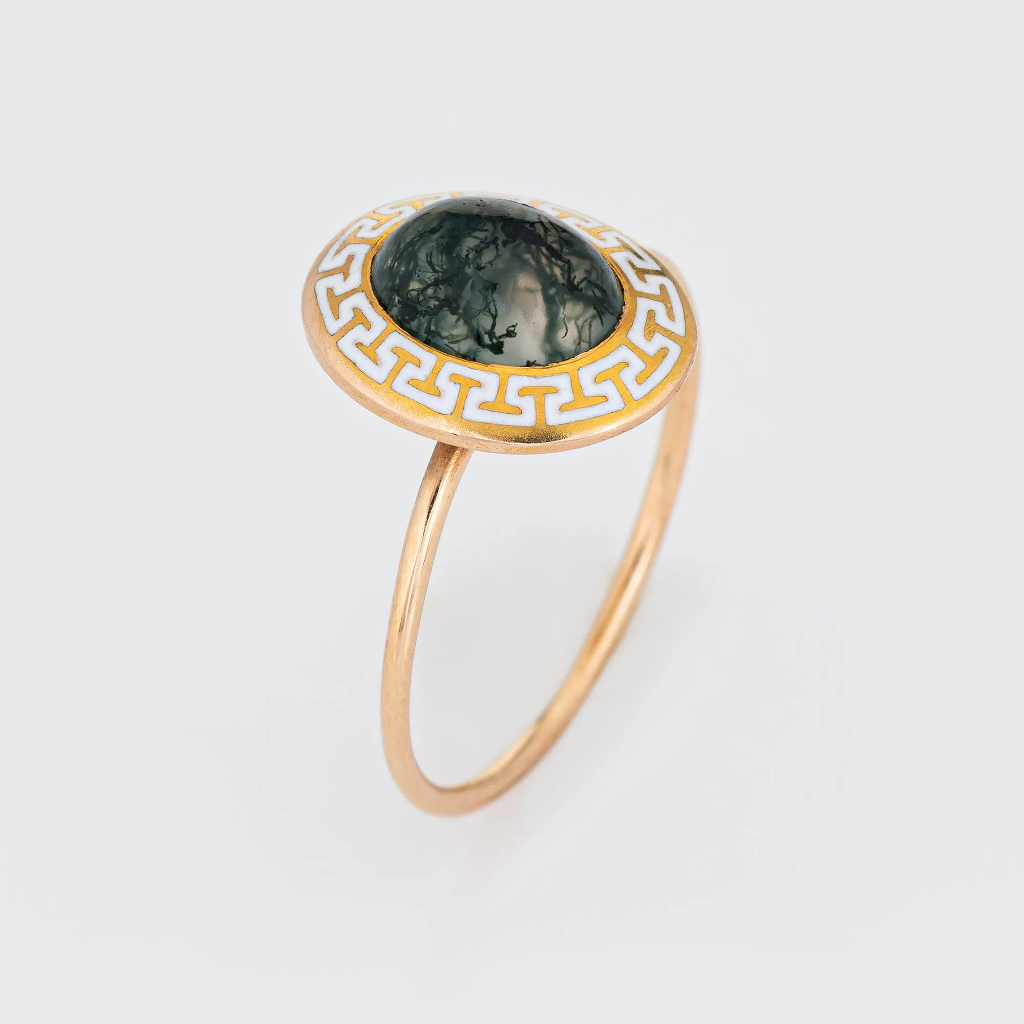 Vintage Art Deco Ring Moss Agate Greek Key Enamel Conversion Band Sz 6.5