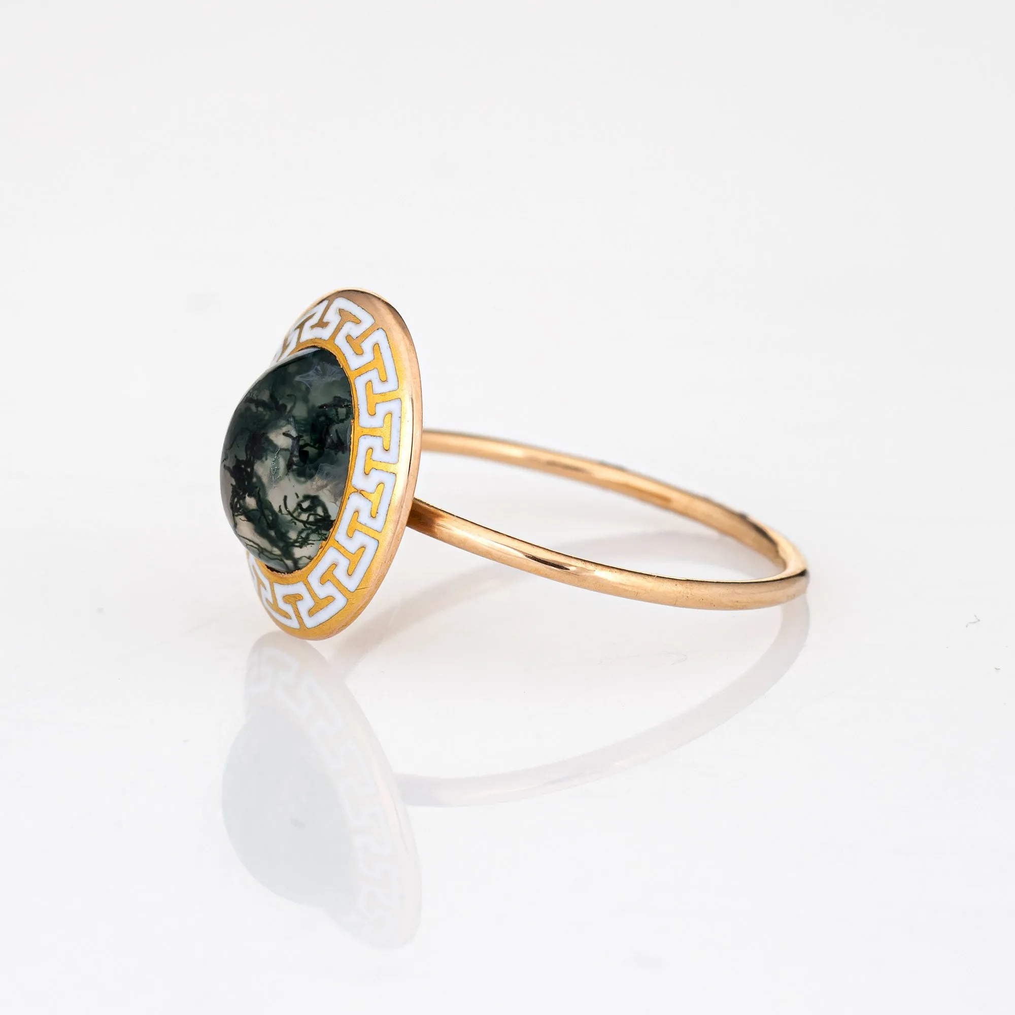 Vintage Art Deco Ring Moss Agate Greek Key Enamel Conversion Band Sz 6.5