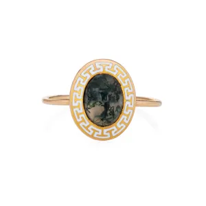 Vintage Art Deco Ring Moss Agate Greek Key Enamel Conversion Band Sz 6.5