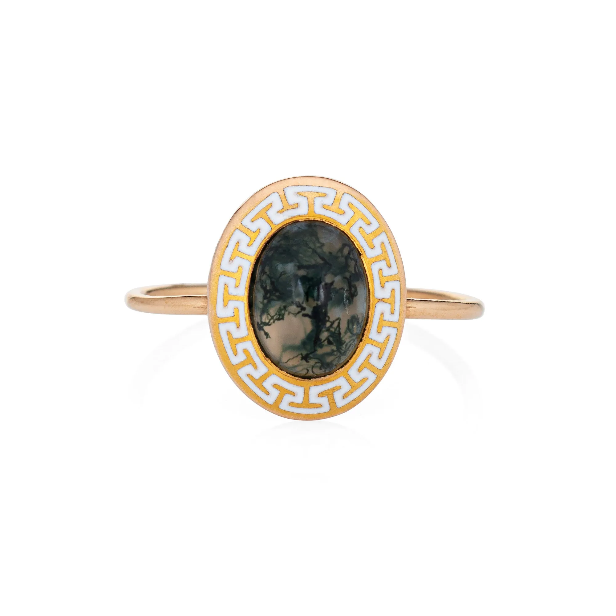 Vintage Art Deco Ring Moss Agate Greek Key Enamel Conversion Band Sz 6.5